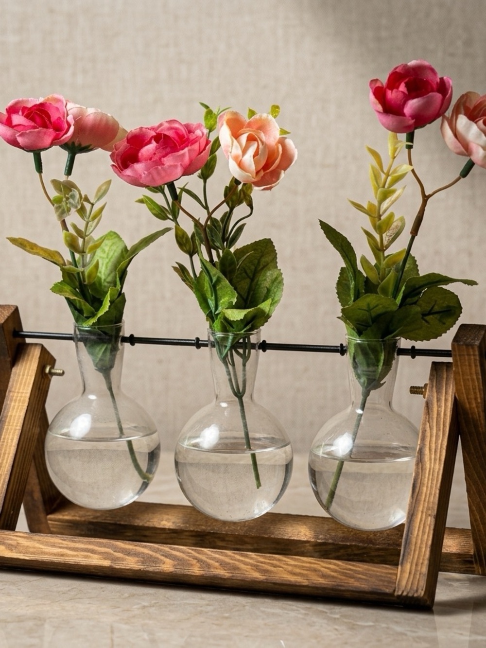 3-Bulb Glass Propagation Station on Wooden Stand for Indoor Plants